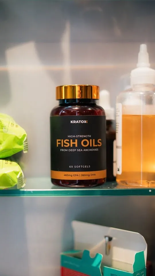 AOB fish oils bottle photographed in a kitchen setting