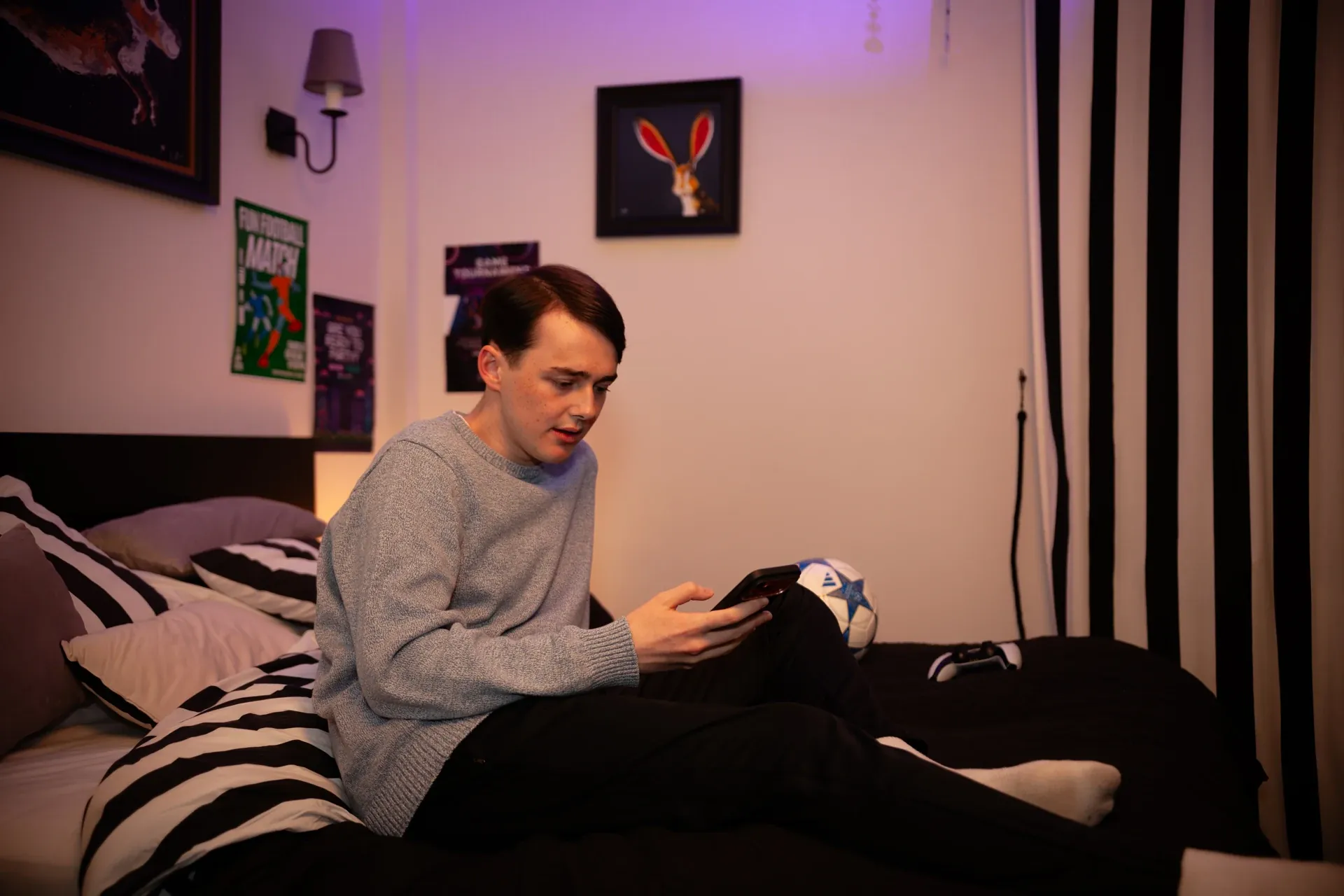 A contrasting bedroom scene and lighting setup